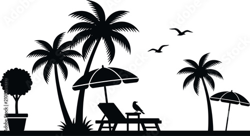 Canvastavla Tropical Beach Scene Silhouette With Palm Trees And Beach Umbrella