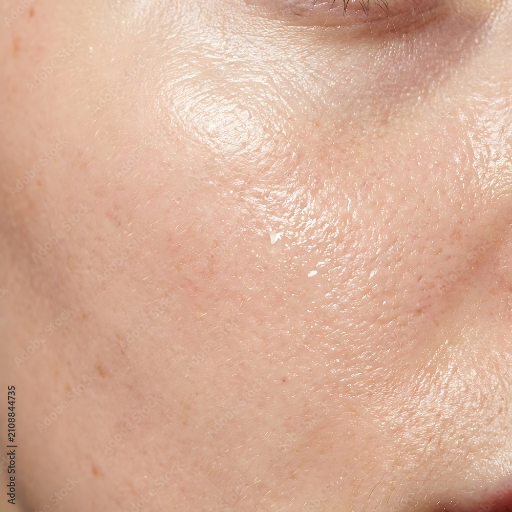 Fototapeta premium Macro photograph of human cheek skin with moisturizing glow