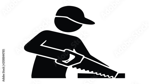 Bild auf Leinwand Black silhouette of a male carpenter wearing a cap using a hand saw to cut wood