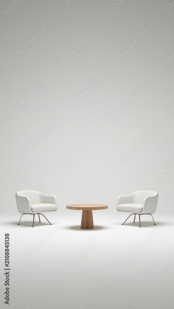 Obraz premium Minimalist White Armchairs and Wooden Side Table on Transparent Background