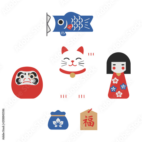 Traditional Japanese lucky charms, including maneki-neko and daruma doll, arranged in a minimalist flat design, isolated on white. Cultural symbols concept