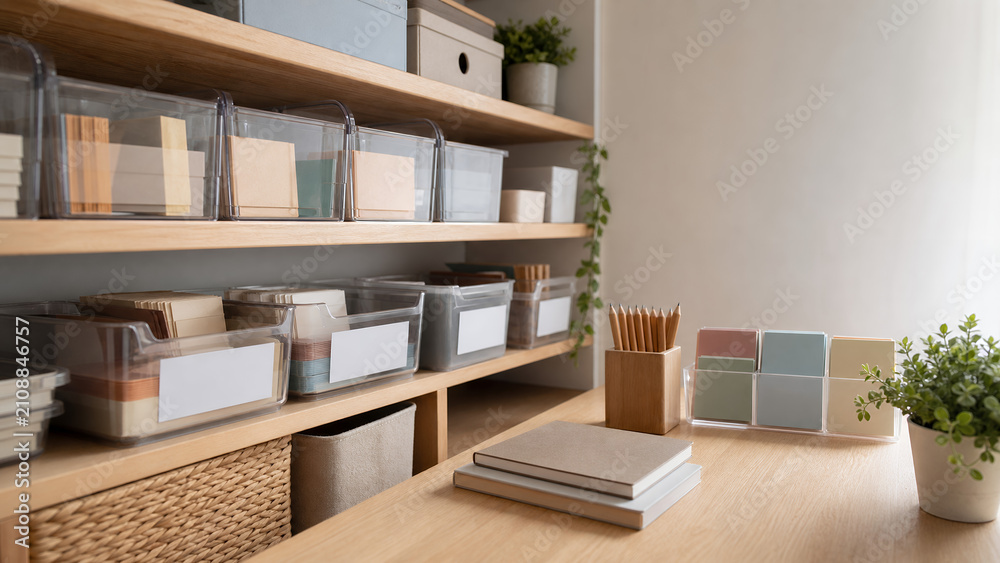 Fototapeta premium Organized teacher supply shelf with blank bins and desk materials