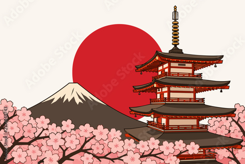 Mount Fuji and Chureito Pagoda Japan flat vector illustration with cherry blossom sakura and red sun background. Traditional Japanese landmark retro travel poster graphic design.