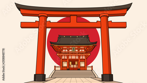 Red Torii gate and Japanese Shinto shrine flat vector illustration with red sun background. Traditional Japan landmark retro travel poster graphic design.
