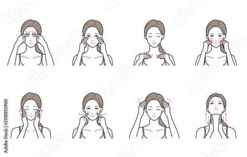 女性のパーツ別フェイシャル＆ヘッドマッサージのイラスト8点セット（目元・鎖骨・頭皮・首・矢印）