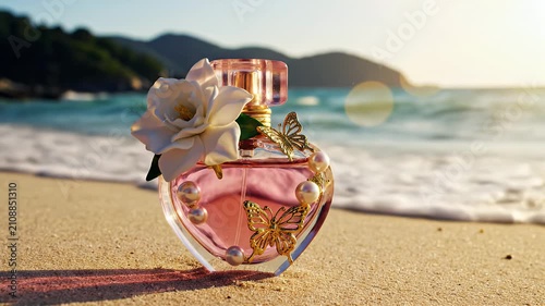 Romantic pink heart-shaped perfume bottle resting serenely on sunlit beach at golden hour