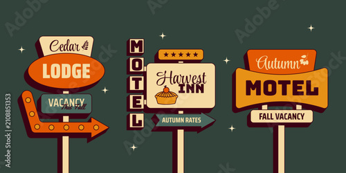 Foto Retro autumn fall motel signs set with Harvest Inn, Autumn Motel, Cedar Lodge and vintage roadside travel signboards