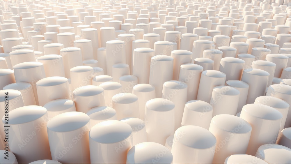 Obraz premium Abstract cylinders create vast landscape. Soft lighting, neutral tones, minimalist design. Depth suggests infinite repetition, texture prominent.