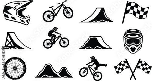 Black and white extreme sports motocross mountain biking vector icons set