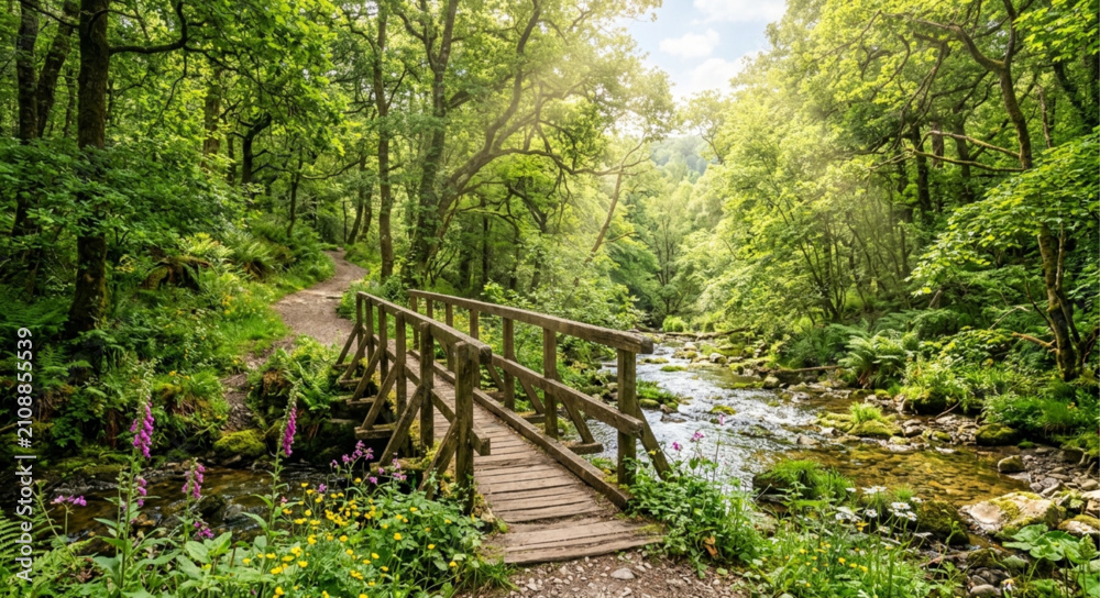 Obraz premium Lush green forest landscape with wooden bridge over stream, scenic woodland hiking trail, sunny summer nature background with river