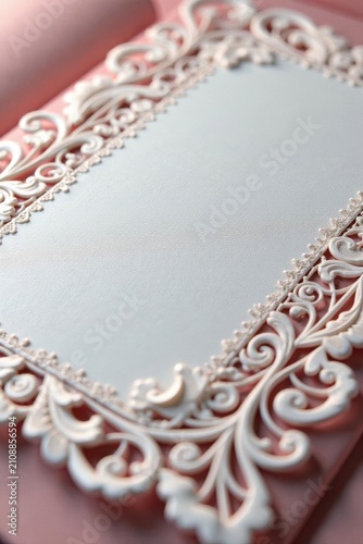 Close-up of intricately designed wedding invitation, delicate lace detail , vintage, craft