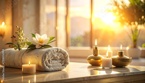 Serene spa setup with candles flowers.