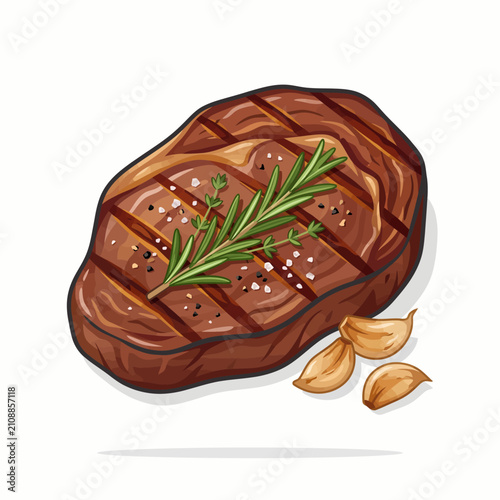 Grilled beef steak illustration with rosemary and garlic cloves isolated on white background