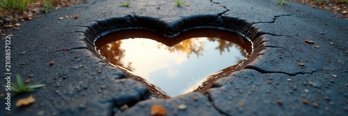 Heart-shaped pothole, flooded, gravel, cracks, weathered, street