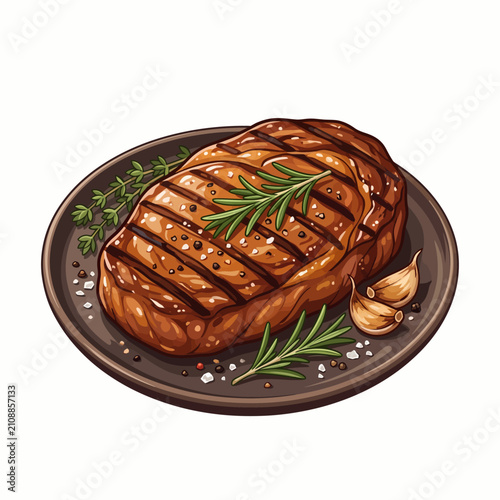 Grilled beef steak with grill marks, rosemary garnish, and garlic cloves on a dark plate, isolated illustration on white background