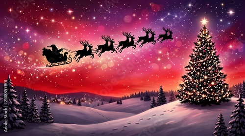 Magical christmas night santa's sleigh soaring above a snow covered village and illuminated tree