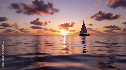 Tranquil Sunset Over Ocean with Silhouetted Sailboat on Open Horizon