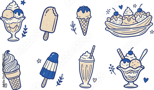 Delicious ice cream assortment vector illustrations featuring sundaes, cones, popsicles, and milkshakes in a charming hand-drawn style, perfect for summer treats