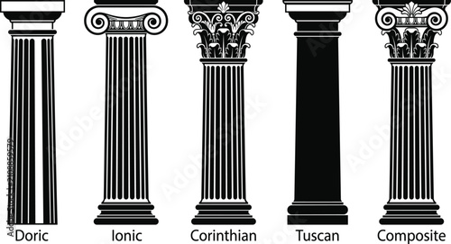 Classic Architectural Column Styles: Doric, Ionic, Corinthian, Tuscan, and Composite - Vector Illustration of Greek and Roman Orders