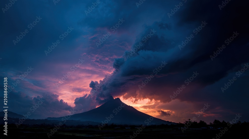 Fototapeta premium Volcanic eruption with dramatic sunset sky