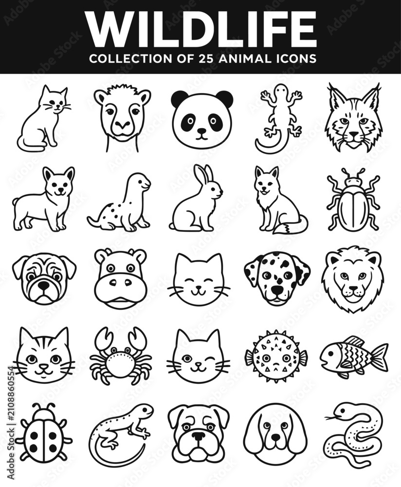 Fototapeta premium Wildlife animal outline icons. Set of 25 vector graphic symbols for nature and pet design.