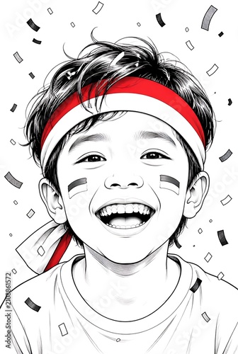 Joyful Young Boy Wearing Red and White Headband with Confetti Falling.