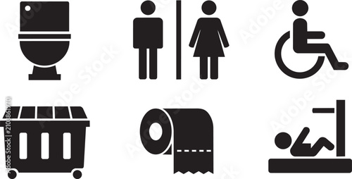 Set of black bathroom, hygiene, and accessibility facility icons