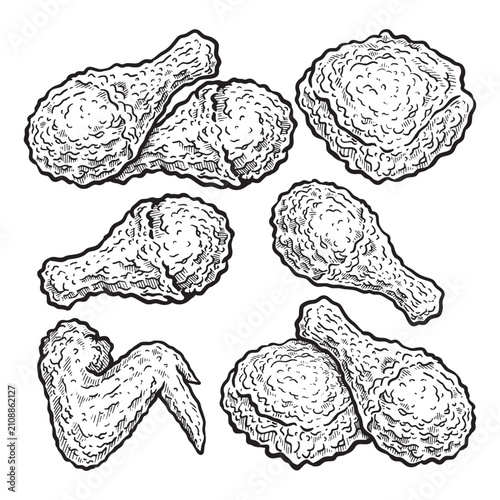 Set of fried chicken hand drawn illustration. Fried chicken vector line art collection