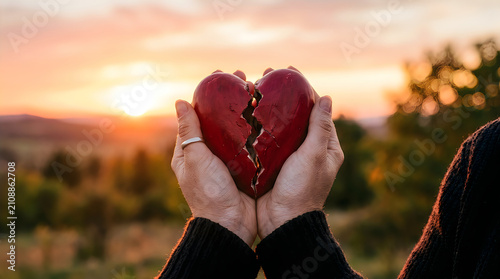 Hands holding broken heart at sunset