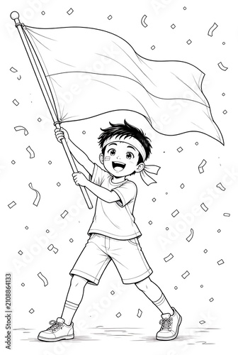 Happy Boy Holding a Large Flag with Confetti Falling.