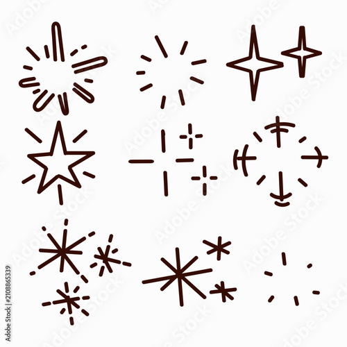 Set of hand drawn doodle stars, sparkles, and starbursts. Includes line art and color variations