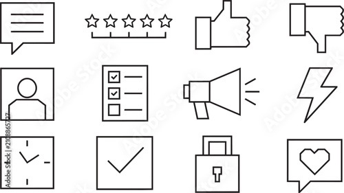 Set of black line interface icons for digital communication