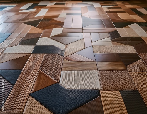 an ultra hd image showcasing a futuristic floor design with modular carpet tiles in bold geometric shapes and muted earthy tones arranged to create a dynamic and sophisticated effect