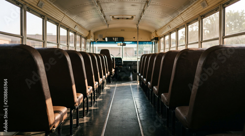 Empty interior view of a classic yellow school bus with rows of brown leather seats