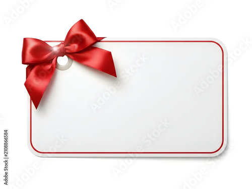 Blank gift tag with a decorative red ribbon bow isolated on white background