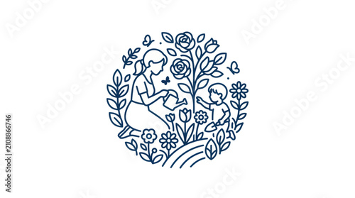 Photos Woman and child in floral garden.