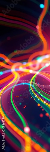 Digital data streamlines illuminate colorful abstract graph, progress, assets