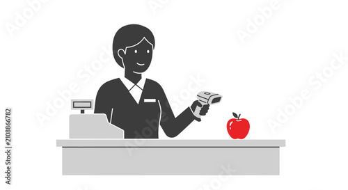 Bild auf Leinwand Woman scanning an apple at checkout.