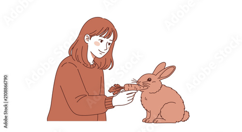 Woman feeding a carrot to a rabbit illustration