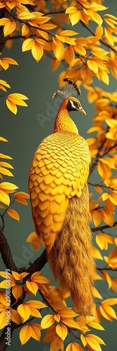 Golden feather peacock bird on golden leaves tree, prosperity and power symbol, Abundance, Prosperity