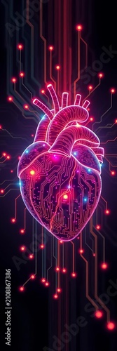 Organic technological heart with glowing circuit aesthetics, pulsing rhythmically, Digital, Neon Glow