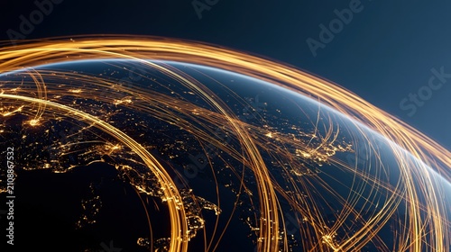 Dark glass globe wrapped in glowing golden payment arcs tracing across continents, global finance and digital transactions concept