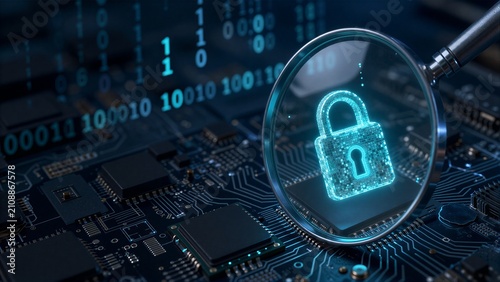 Digital magnifier highlights glowing lock on circuit board, symbolizing cybersecurity protection.