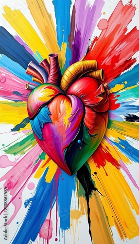 Vibrant heart filled with colorful brushstrokes, illustration, inclusivity