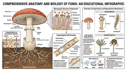 Bild auf Leinwand Detailed Educational Infographic Illustrating the Anatomy and Biology of Fungi i