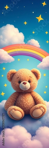 Whimsical teddy bear sits on blue background surrounded by clouds, stars, and vibrant rainbow, radiating warmth and joy, soft, warmth