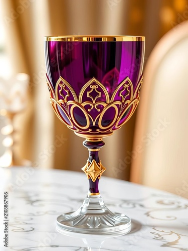 Elegant curves and geometric shapes adorn this goblet, evoking a sense of luxury, glass, ornate