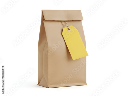 Brown paper bag with a blank yellow price tag isolated on white background