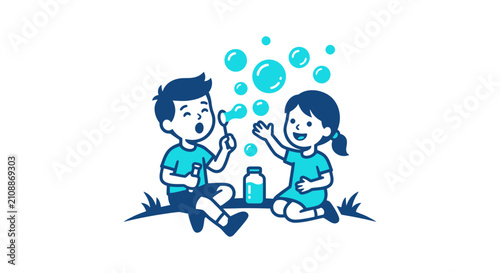 Картината върху платно Children playing with soap bubbles outdoors.