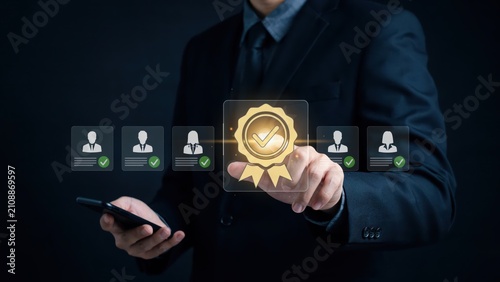 Businessman touching gold quality guarantee icon and human resource profile symbols